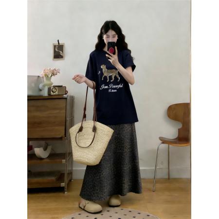 大码夏季新款高级感气质花豹印花T恤豹纹半身裙两件套  服裝批發女裝批發服飾貨源