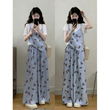 大码夏季新款胖MM度假风假两件碎花吊带t恤阔腿裙裤两件套  服裝批發女裝批發服飾貨源