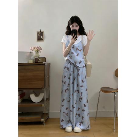大码夏季新款胖MM度假风假两件碎花吊带t恤阔腿裙裤两件套  服裝批發女裝批發服飾貨源