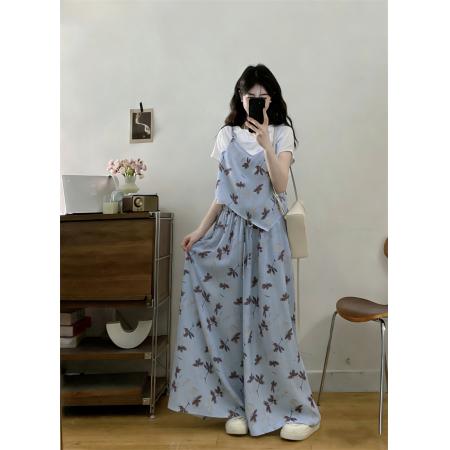 大码夏季新款胖MM度假风假两件碎花吊带t恤阔腿裙裤两件套  服裝批發女裝批發服飾貨源