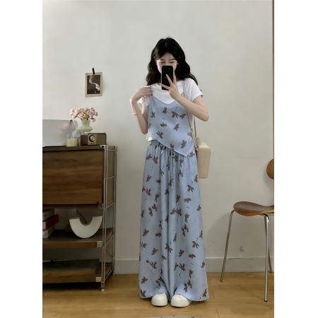 大码夏季新款胖MM度假风假两件碎花吊带t恤阔腿裙裤两件套  服裝批發女裝批發服飾貨源