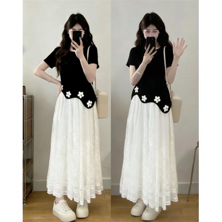 大码夏季新款胖MM不规则花朵短袖上衣半身裙两件套装  服裝批發女裝批發服飾貨源