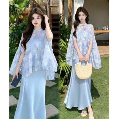 大码夏季新款胖MM新中式提花盘扣上衣吊带连衣裙两件套  服裝批發女裝批發服飾貨源