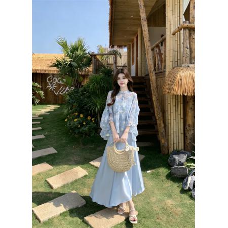 大码夏季新款胖MM新中式提花盘扣上衣吊带连衣裙两件套  服裝批發女裝批發服飾貨源