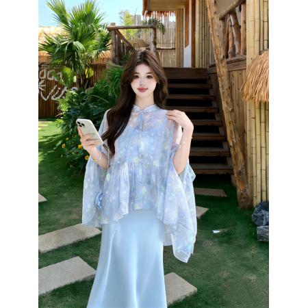 大码夏季新款胖MM新中式提花盘扣上衣吊带连衣裙两件套  服裝批發女裝批發服飾貨源