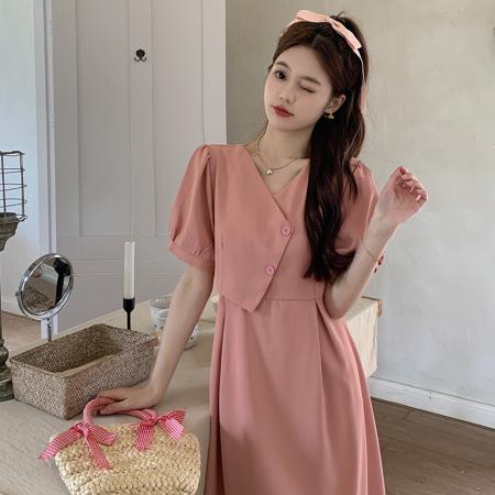 法式减龄V领连衣裙女夏新款设计感收腰显瘦长裙  服裝批發女裝批發服飾貨源