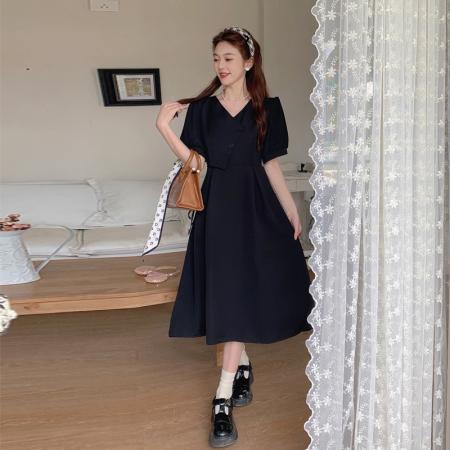 法式减龄V领连衣裙女夏新款设计感收腰显瘦长裙  服裝批發女裝批發服飾貨源