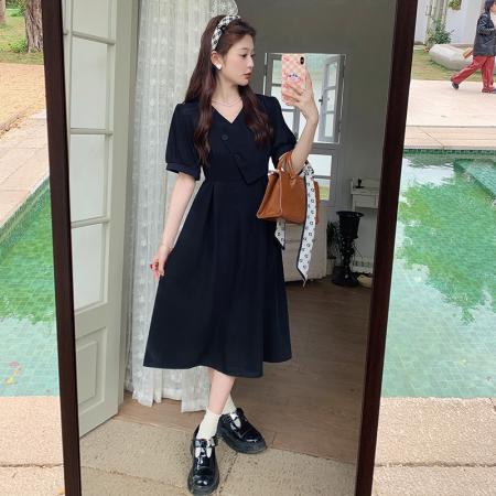 法式减龄V领连衣裙女夏新款设计感收腰显瘦长裙  服裝批發女裝批發服飾貨源