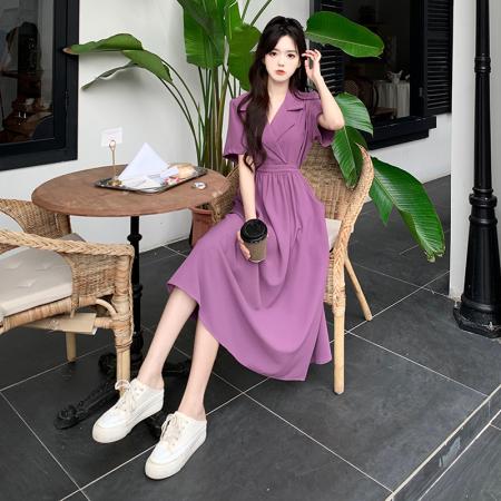 夏季新款西装领收腰显瘦口袋设计感连衣裙女  服裝批發女裝批發服飾貨源