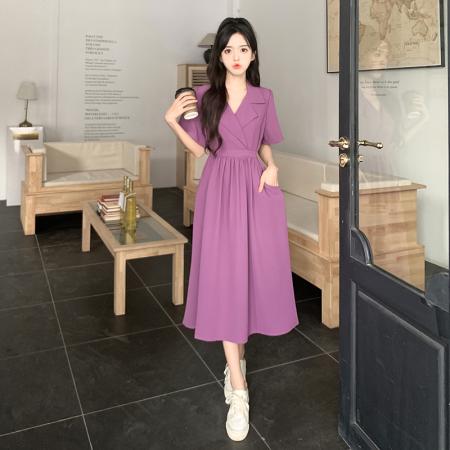 夏季新款西装领收腰显瘦口袋设计感连衣裙女  服裝批發女裝批發服飾貨源