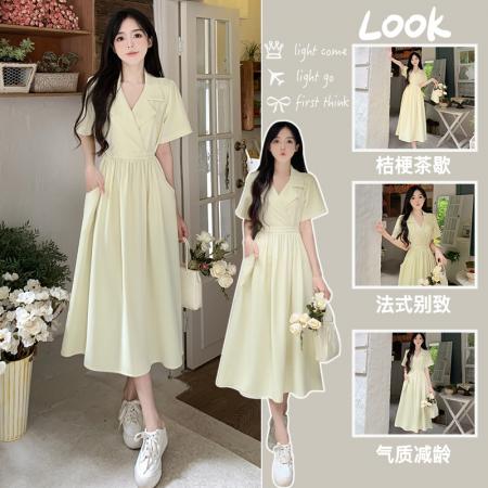 夏季新款西装领收腰显瘦口袋设计感连衣裙女  服裝批發女裝批發服飾貨源