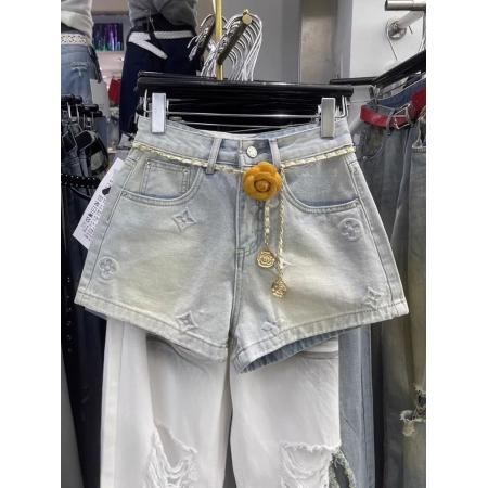 韩版夏季新款浅蓝色做旧印花高腰牛仔短裤休闲阔腿a字热裤  服裝批發女裝批發服飾貨源