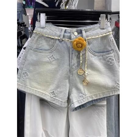韩版夏季新款浅蓝色做旧印花高腰牛仔短裤休闲阔腿a字热裤  服裝批發女裝批發服飾貨源