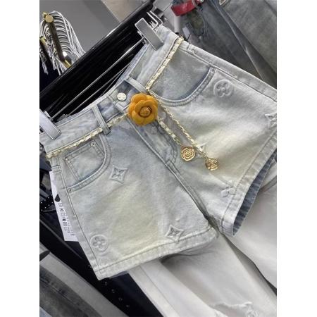 韩版夏季新款浅蓝色做旧印花高腰牛仔短裤休闲阔腿a字热裤  服裝批發女裝批發服飾貨源
