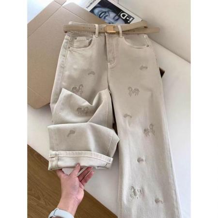 辣妹复古小马刺绣牛仔裤女春季米白色高腰显瘦宽松阔腿直筒拖地裤  服裝批發女裝批發服飾貨源