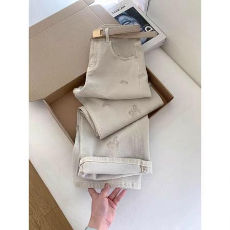 辣妹复古小马刺绣牛仔裤女春季米白色高腰显瘦宽松阔腿直筒拖地裤  服裝批發女裝批發服飾貨源