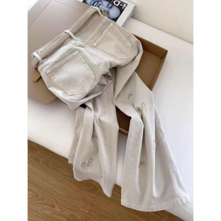 辣妹复古小马刺绣牛仔裤女春季米白色高腰显瘦宽松阔腿直筒拖地裤  服裝批發女裝批發服飾貨源