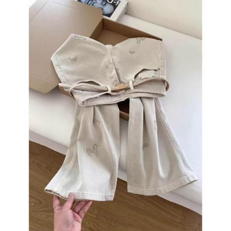 辣妹复古小马刺绣牛仔裤女春季米白色高腰显瘦宽松阔腿直筒拖地裤  服裝批發女裝批發服飾貨源