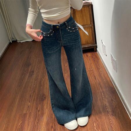 满天星烫钻微喇牛仔裤女夏季新款高腰显瘦宽松小个子喇叭裤子  服裝批發女裝批發服飾貨源