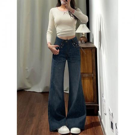 满天星烫钻微喇牛仔裤女夏季新款高腰显瘦宽松小个子喇叭裤子  服裝批發女裝批發服飾貨源