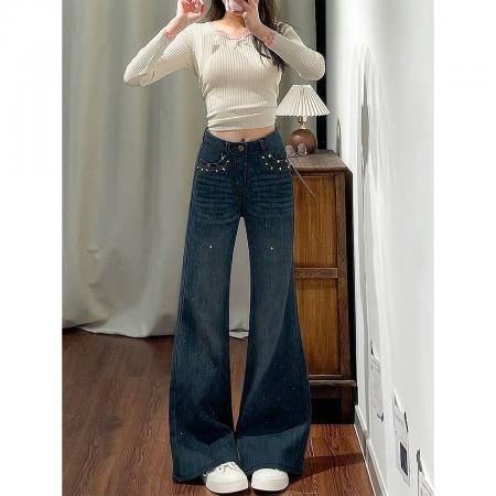 满天星烫钻微喇牛仔裤女夏季新款高腰显瘦宽松小个子喇叭裤子  服裝批發女裝批發服飾貨源