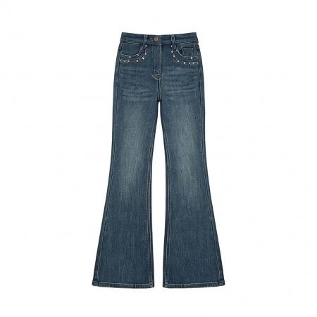 满天星烫钻微喇牛仔裤女夏季新款高腰显瘦宽松小个子喇叭裤子  服裝批發女裝批發服飾貨源