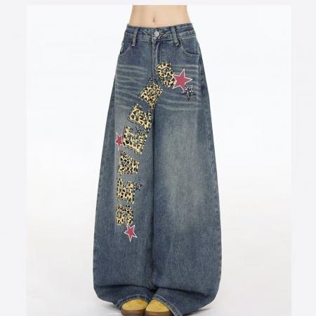 刺绣牛仔裤高街牛仔春秋高腰显瘦窄版直筒阔腿裤休闲裤女  服裝批發女裝批發服飾貨源