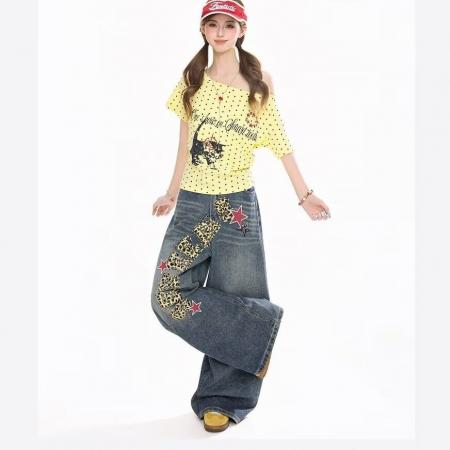 刺绣牛仔裤高街牛仔春秋高腰显瘦窄版直筒阔腿裤休闲裤女  服裝批發女裝批發服飾貨源