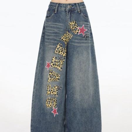 刺绣牛仔裤高街牛仔春秋高腰显瘦窄版直筒阔腿裤休闲裤女  服裝批發女裝批發服飾貨源