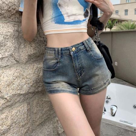复古蓝色牛仔短裤女高腰水洗弹力a字热裤做旧子直筒修身显腿长潮  服裝批發女裝批發服飾貨源