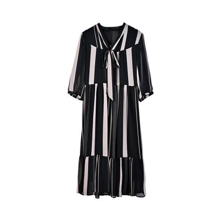 雪纺连衣裙女时尚新款别致漂亮裙子高级感复古条纹高端气质长裙  服裝批發女裝批發服飾貨源