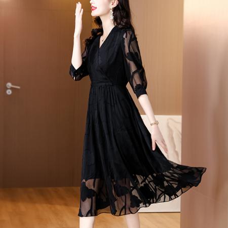 高级感黑色连衣裙女早秋新款气质显瘦减龄裙子时尚雪纺裙长裙  服裝批發女裝批發服飾貨源