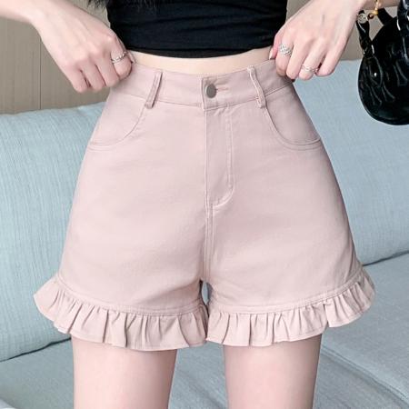 夏季新款牛仔短裤女百搭荷叶边下摆褶皱高腰包臀热裤  服裝批發女裝批發服飾貨源