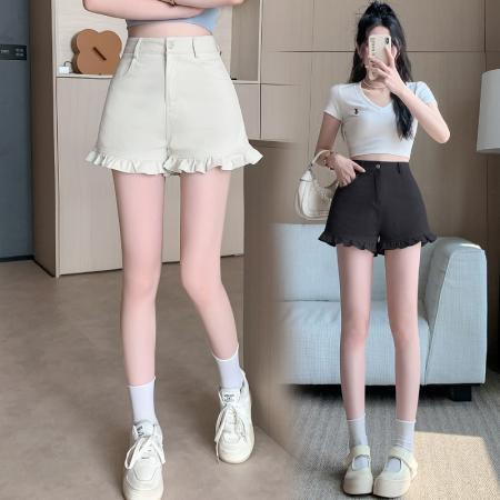 夏季新款牛仔短裤女百搭荷叶边下摆褶皱高腰包臀热裤  服裝批發女裝批發服飾貨源