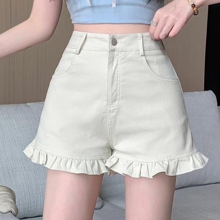 夏季新款牛仔短裤女百搭荷叶边下摆褶皱高腰包臀热裤  服裝批發女裝批發服飾貨源