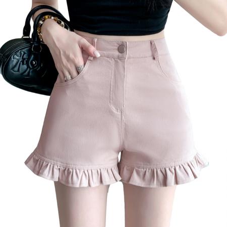 夏季新款牛仔短裤女百搭荷叶边下摆褶皱高腰包臀热裤  服裝批發女裝批發服飾貨源