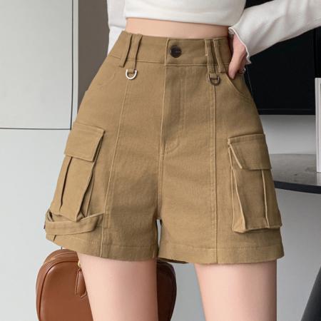 春夏新款美式复古工装牛仔短裤女高腰阔腿弹力包臀热裤  服裝批發女裝批發服飾貨源