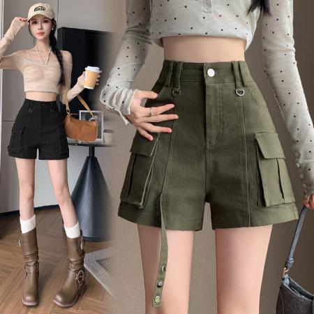 春夏新款美式复古工装牛仔短裤女高腰阔腿弹力包臀热裤  服裝批發女裝批發服飾貨源
