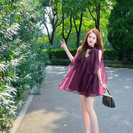 夏季设计感紫色雪纺衬衫夏季甜辣上衣新款宽松挂脖轻熟风女装  服裝批發女裝批發服飾貨源