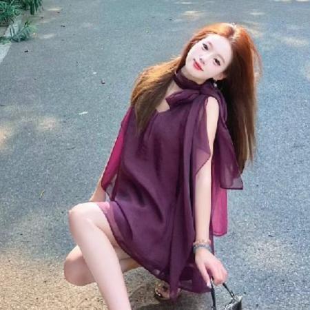 夏季设计感紫色雪纺衬衫夏季甜辣上衣新款宽松挂脖轻熟风女装  服裝批發女裝批發服飾貨源