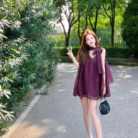 夏季设计感紫色雪纺衬衫夏季甜辣上衣新款宽松挂脖轻熟风女装  服裝批發女裝批發服飾貨源