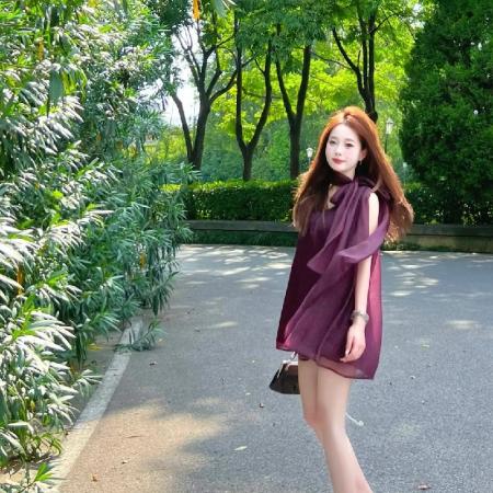 夏季设计感紫色雪纺衬衫夏季甜辣上衣新款宽松挂脖轻熟风女装  服裝批發女裝批發服飾貨源