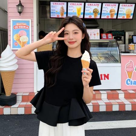 韩版夏季新款不规则荷叶边拼接下摆短T女收腰上衣  服裝批發女裝批發服飾貨源