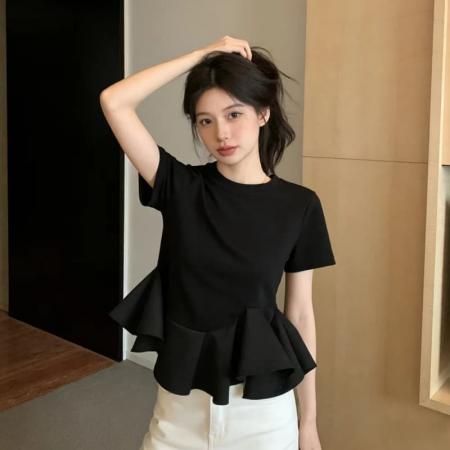 韩版夏季新款不规则荷叶边拼接下摆短T女收腰上衣  服裝批發女裝批發服飾貨源
