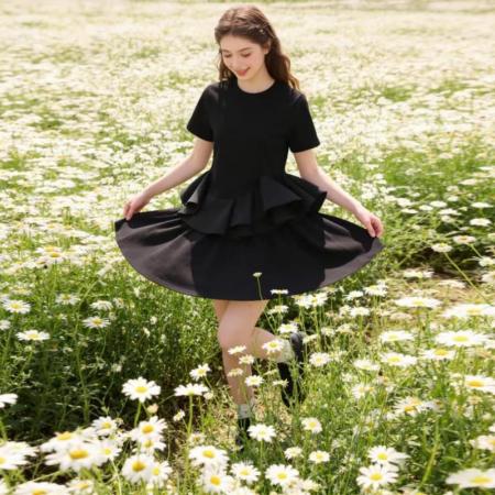 韩版夏季新款不规则荷叶边拼接下摆短T女收腰上衣  服裝批發女裝批發服飾貨源