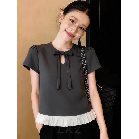 欧货高级感夏季新款休闲气质撞色短袖蝴蝶结设计感简约灰色上衣  服裝批發女裝批發服飾貨源