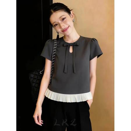 欧货高级感夏季新款休闲气质撞色短袖蝴蝶结设计感简约灰色上衣  服裝批發女裝批發服飾貨源