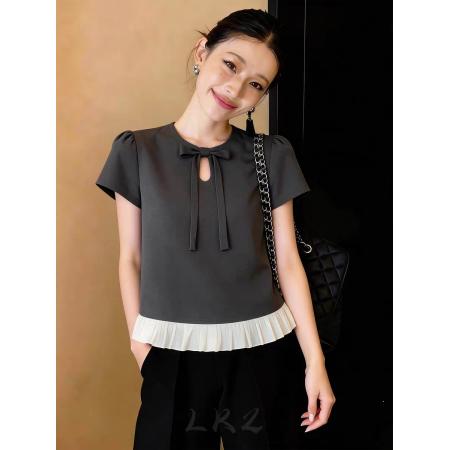 欧货高级感夏季新款休闲气质撞色短袖蝴蝶结设计感简约灰色上衣  服裝批發女裝批發服飾貨源