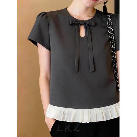 欧货高级感夏季新款休闲气质撞色短袖蝴蝶结设计感简约灰色上衣  服裝批發女裝批發服飾貨源