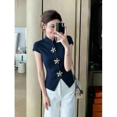 蓝色新中式别致收腰短袖衬衫女春季新款设计感独特超好看上衣  服裝批發女裝批發服飾貨源